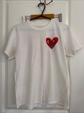 Comme des Garcons White Tee with Red Heart Face Graphic